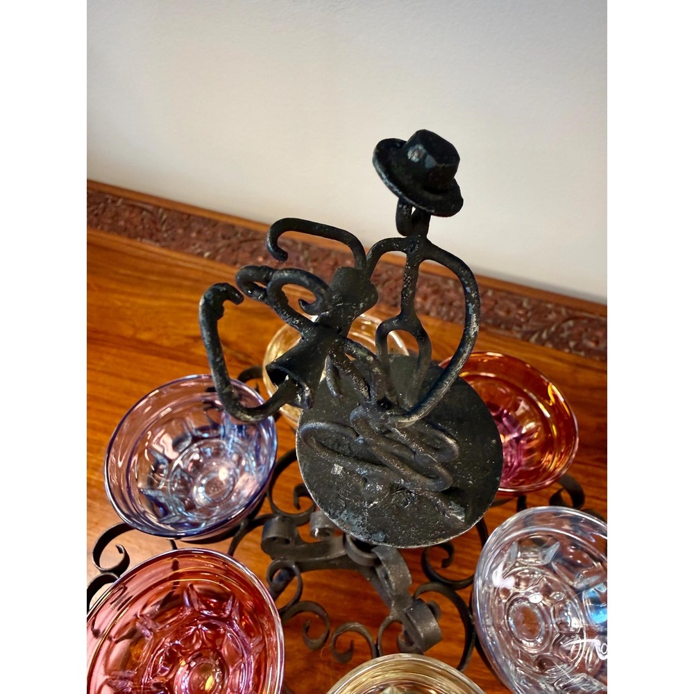 Vintage Cordial Glass Set • Dancing Couple Bar Caddy with 6 Colorful Glasses - Picture 17 of 17